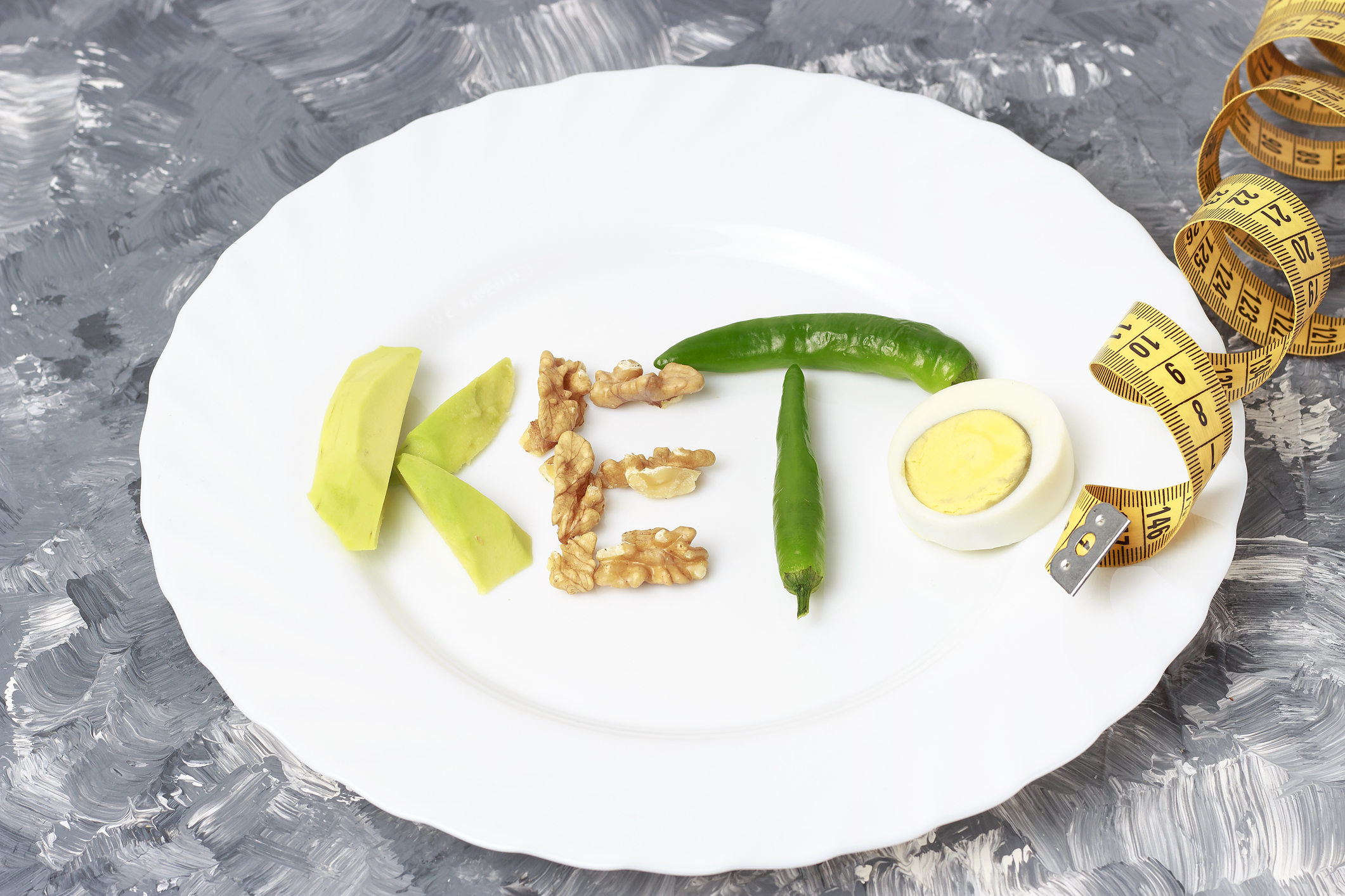 Keto spelled out on a white plate with Keto diet foods and a tape measure.