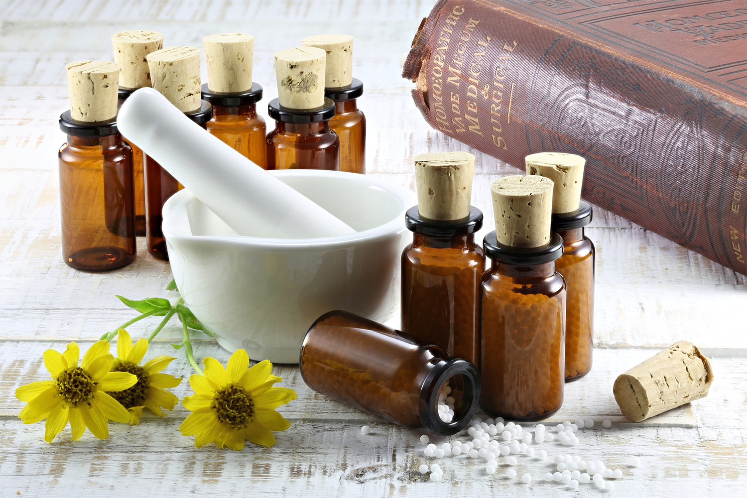 Arnica Tablets with arnica flowers next to an old Homeopathic medical book.