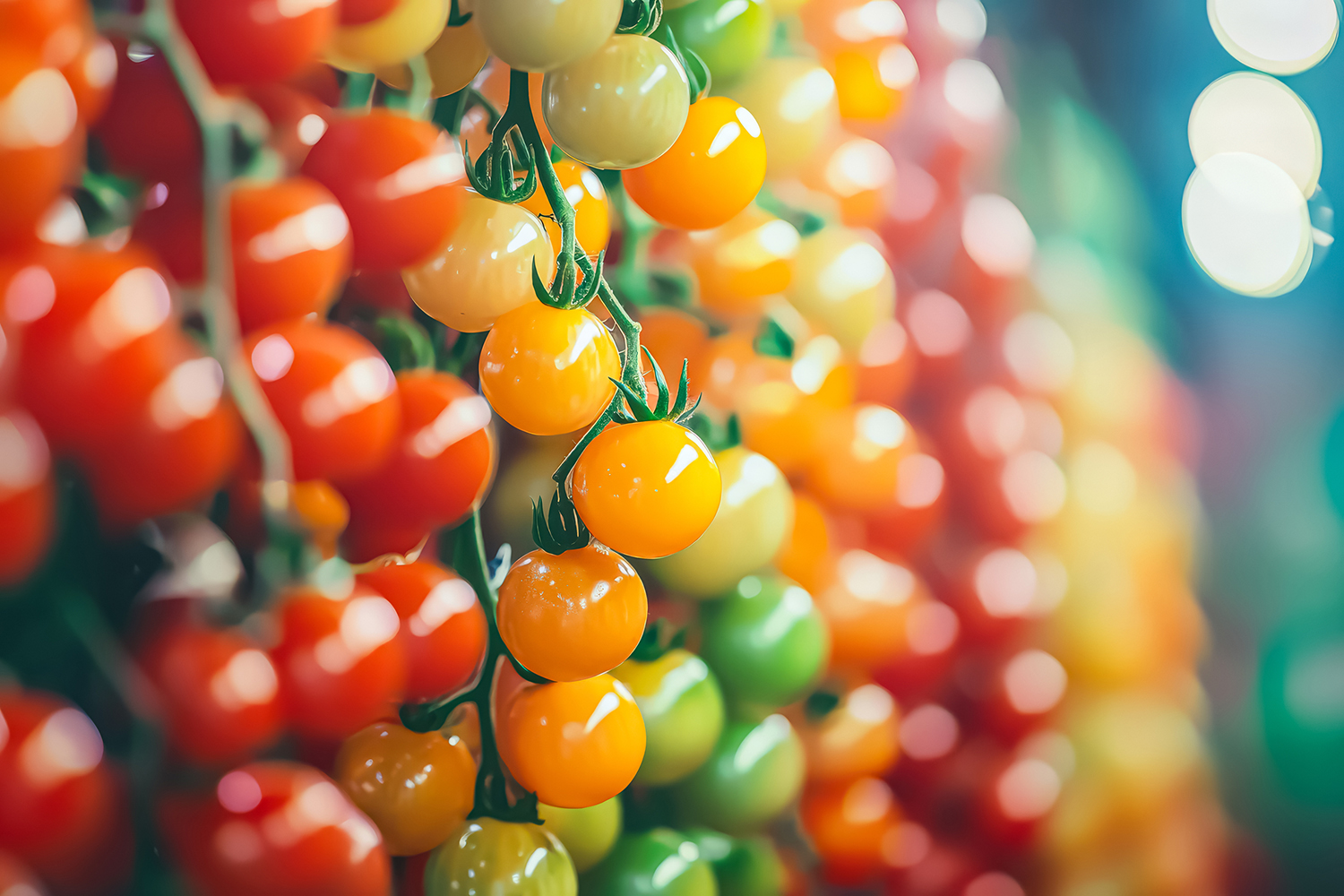 bunches of multicolored tomatoes growing on the vine