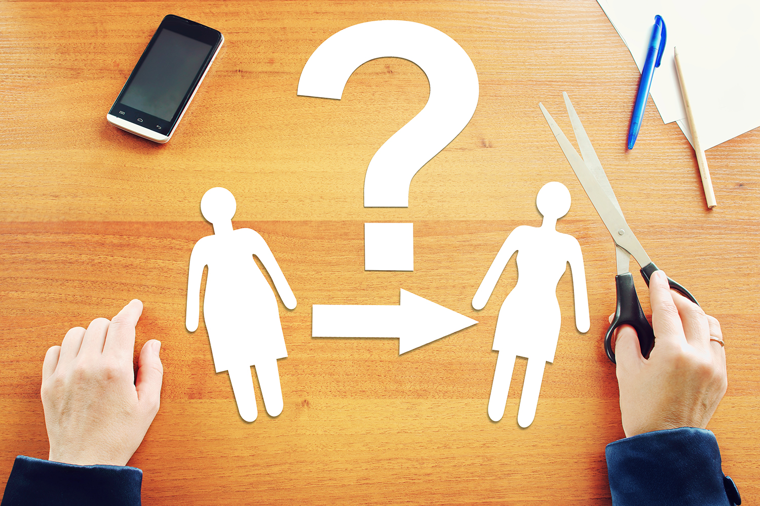 two paper dolls, one cut down to be slimmer