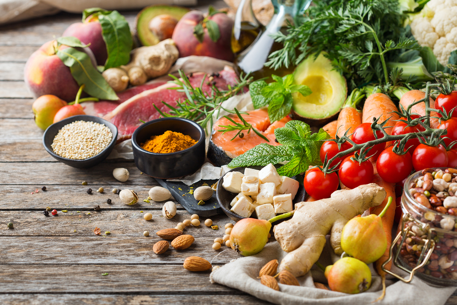 Assortment of healthy food ingredients for a Flexitarian diet on a wooden kitchen table