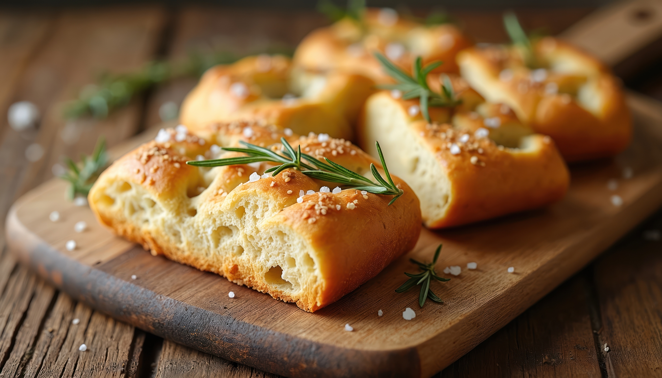 Sliced pieces of focaccia sprinkled with sea salt and rosemary sprigs  on a wooden cutting board.