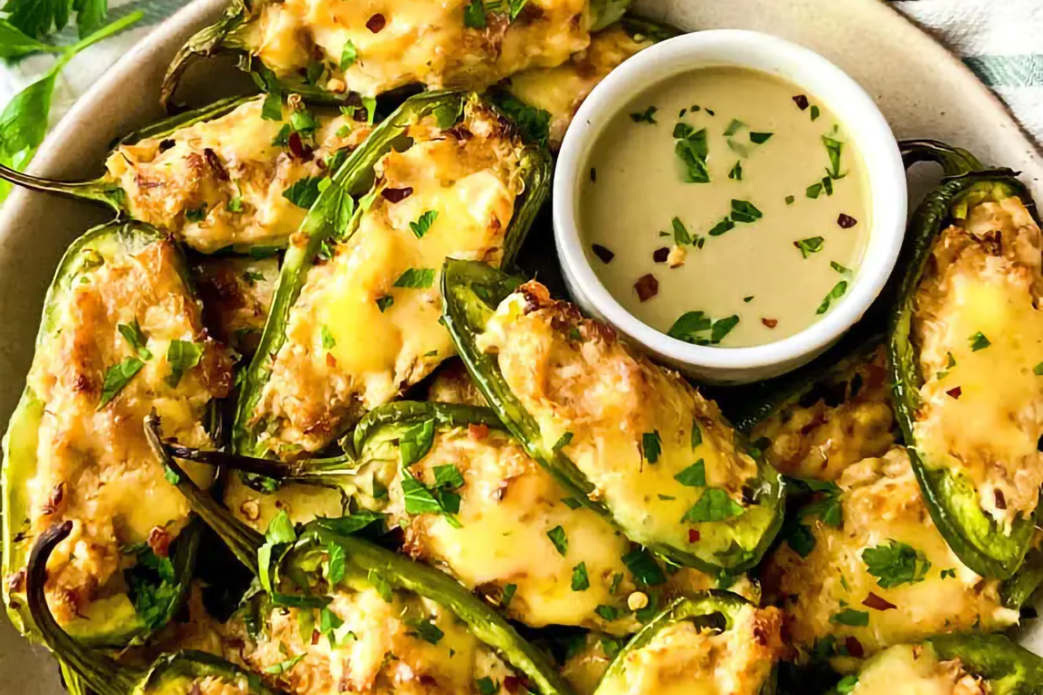 a plate of jalapeño peppers stufffed with cream cheese and fish