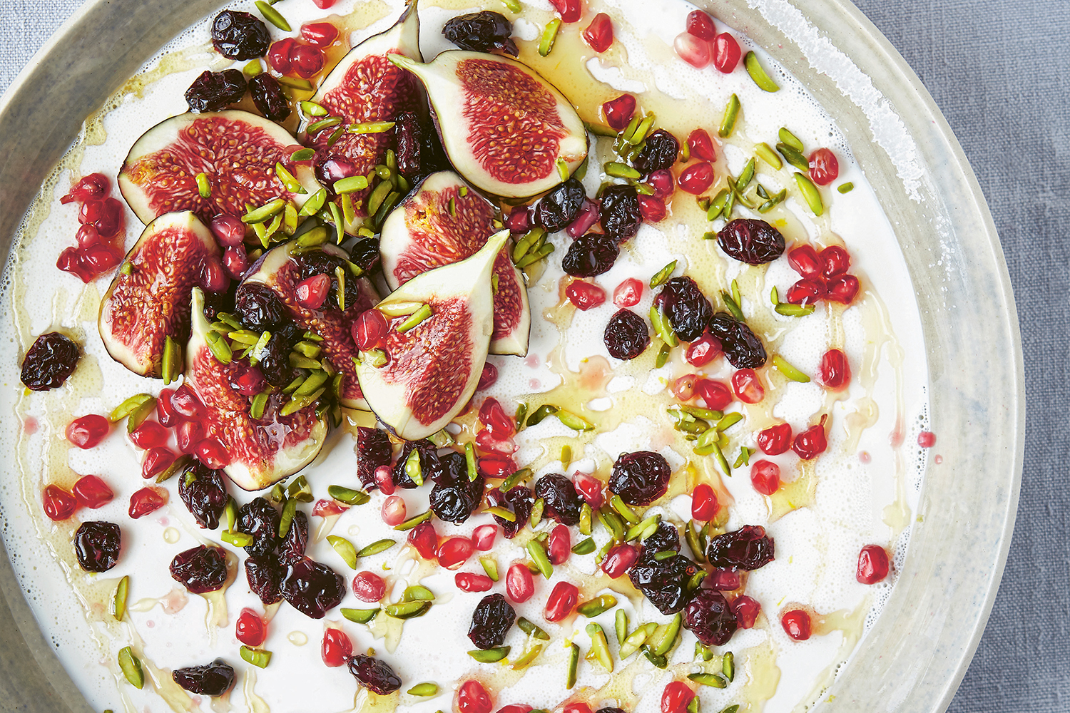 Greek Yogurt Panna Cotta with Pistachios, Pomegranate and Cranberries in a white earthen bowl. Top view.