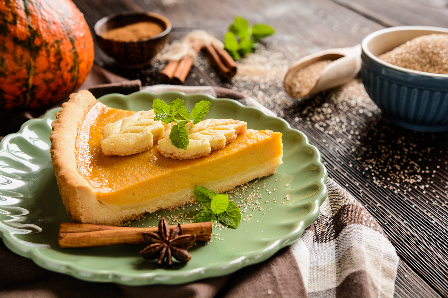 a slice of silky pumpkin pie made with tofu