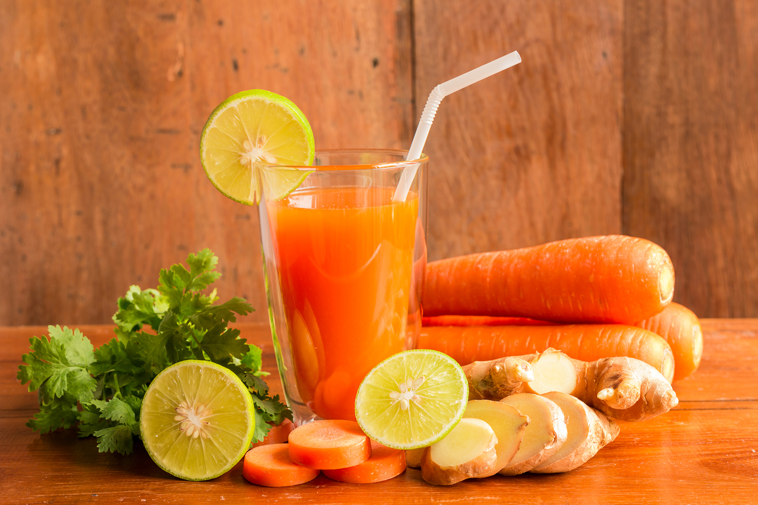 Carrot Coriander Ginger Cocktail with ingredients.