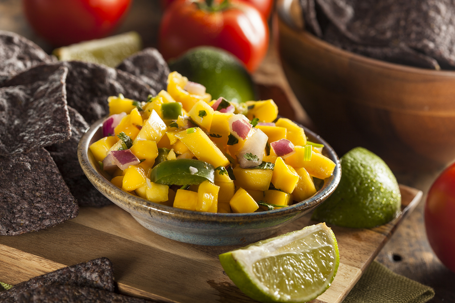 A bowl of mango chipotle salsa.