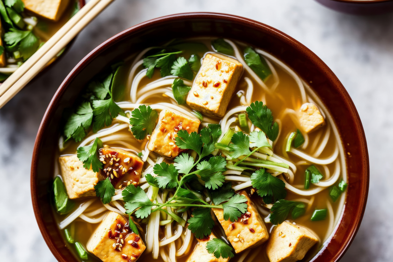 a bowl of vegtarian asian noodle soup with tofu