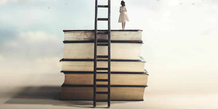 a woman who climbed up books with a ladder