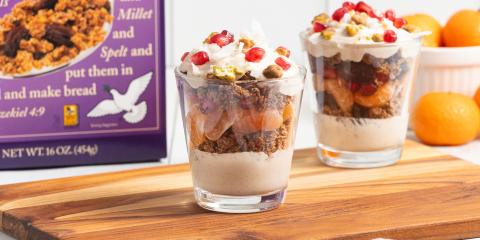  Yogurt Parfait on wooden cutting board