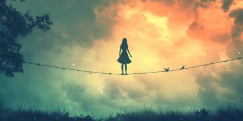 a young woman standing on a high-wire with birds