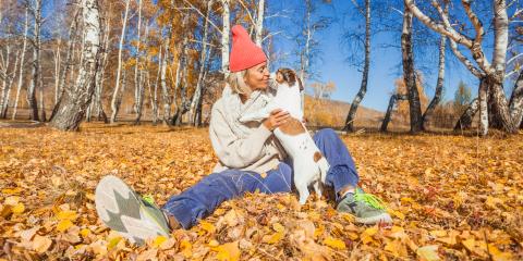 Woman with a winter hat on sitting in yellow leaves holding her little white and brown dog.