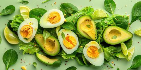sliced avocado, boiled eggs, and spinach leaves