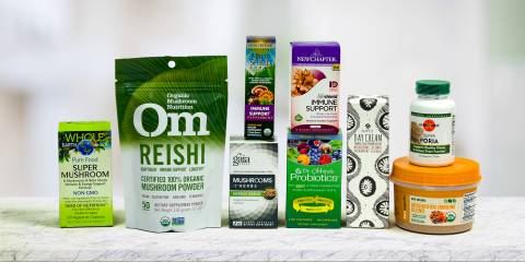 A selection of all natural supplements and body care products containing mushrooms