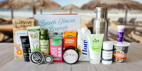 A variety of all-natural body care products, probiotics, foods, and swag