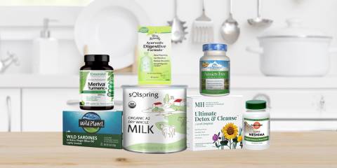 a selection of all-natural supplements and clean foods