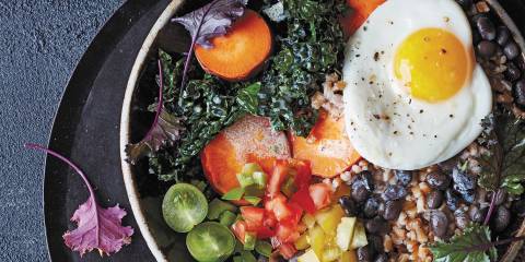 Top view of breakfast bowl ready to enjoy.