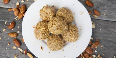 A plate stacked with almond bites