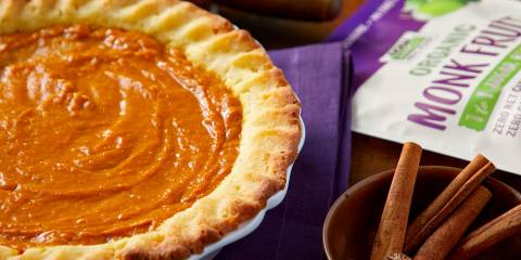 a freshly baked pumpkin pie with cinnamon and monk fruit