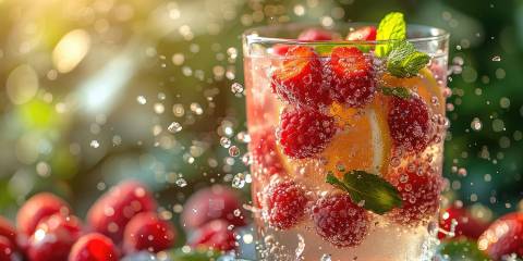a glass of iced tea with berries and citrus slices