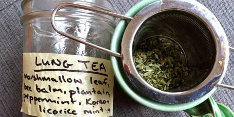 a jar of herbs for making a tea to soothe your lungs