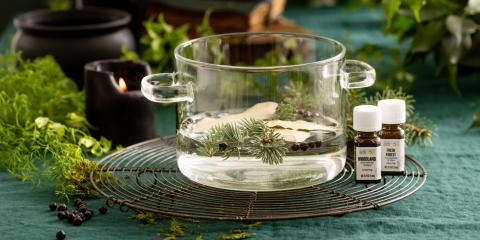 simmer pot on trivet and essential oils