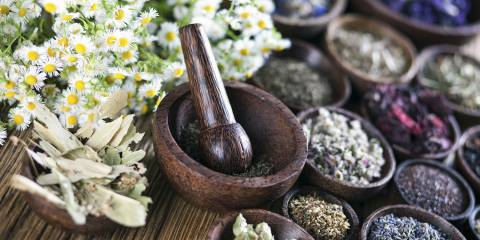 Small wooden bowls filled with dried Chinese herbal remedies.