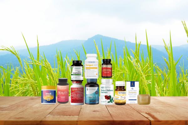 assortment of supplements and body care products