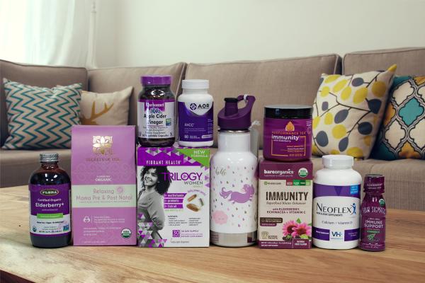 a selection of all-natural supplements and a canteen