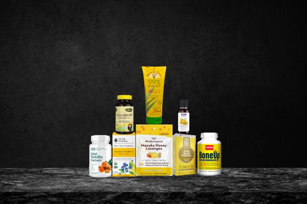 a selection of all-natural supplements, superfoods, and body care products