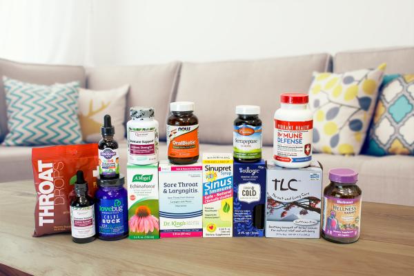 A selection of all-natural products for immunity and the symptoms of a cold