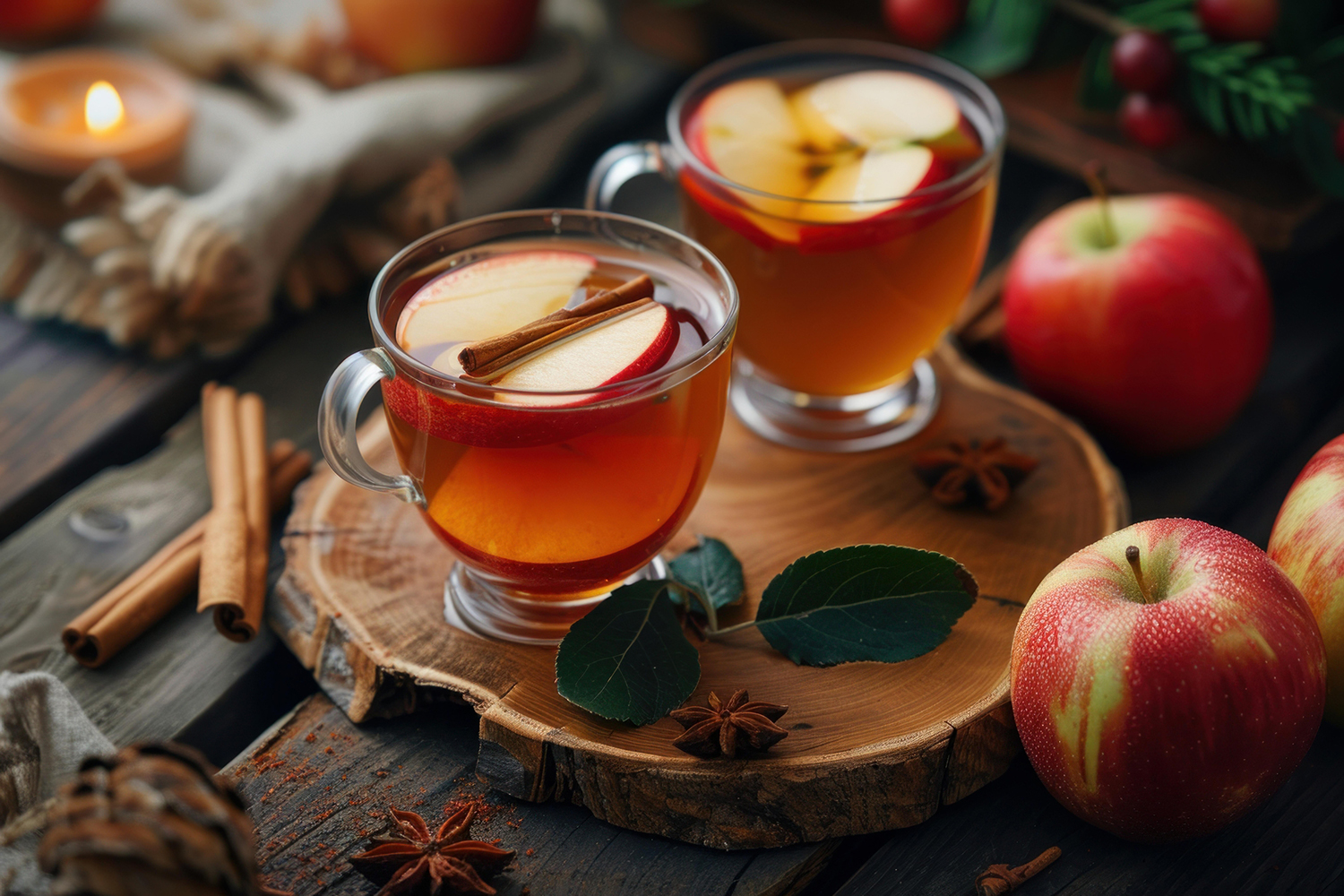 two mugs of hot apple cider with fresh apples and cinnamon
